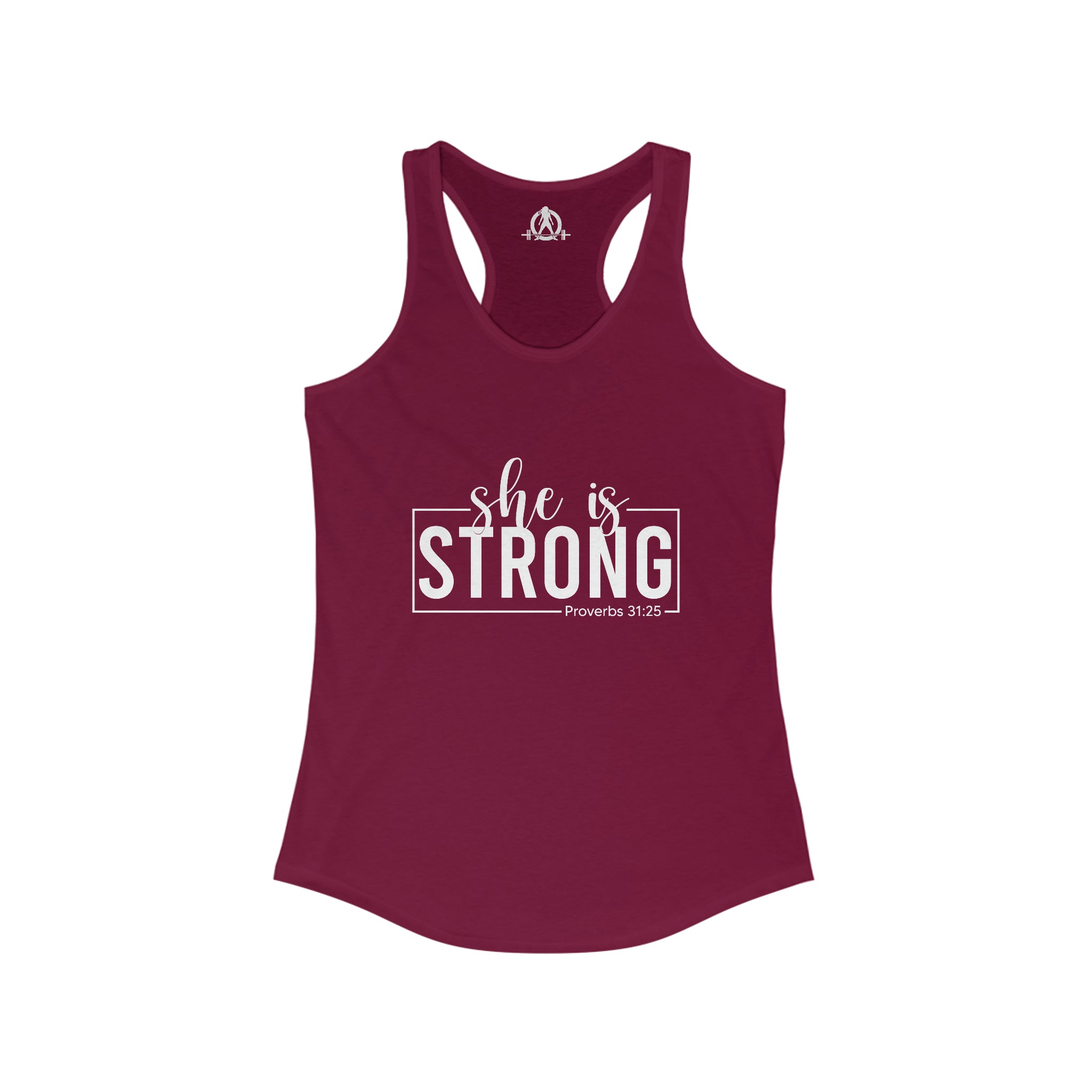 She is STRONG - Women's Ideal Racerback Tank - Front White Logo Plain Back