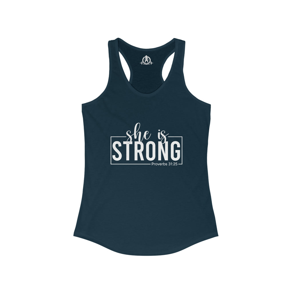 She is STRONG - Women's Ideal Racerback Tank - Front White Logo Plain Back