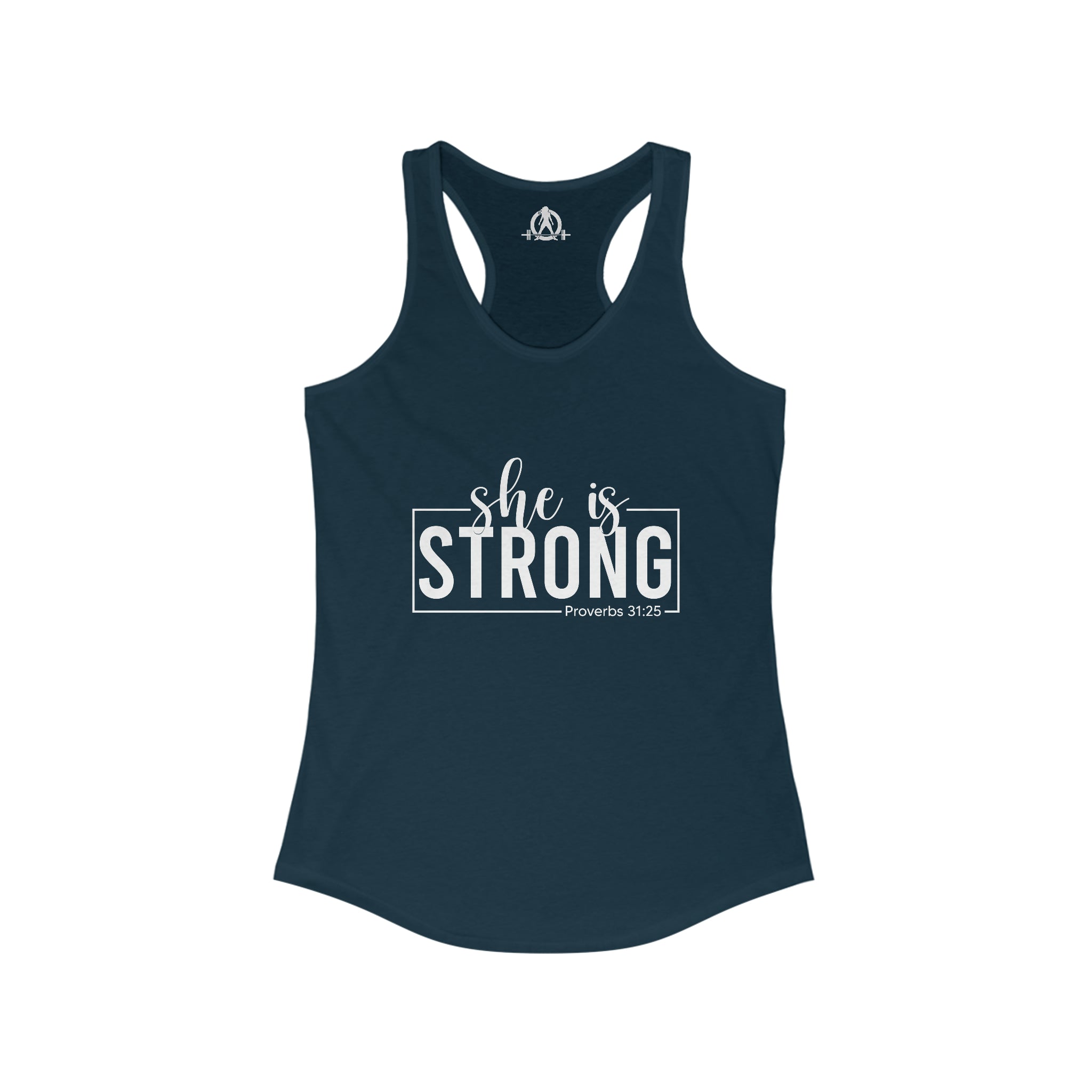 She is STRONG - Women's Ideal Racerback Tank - Front White Logo Plain Back