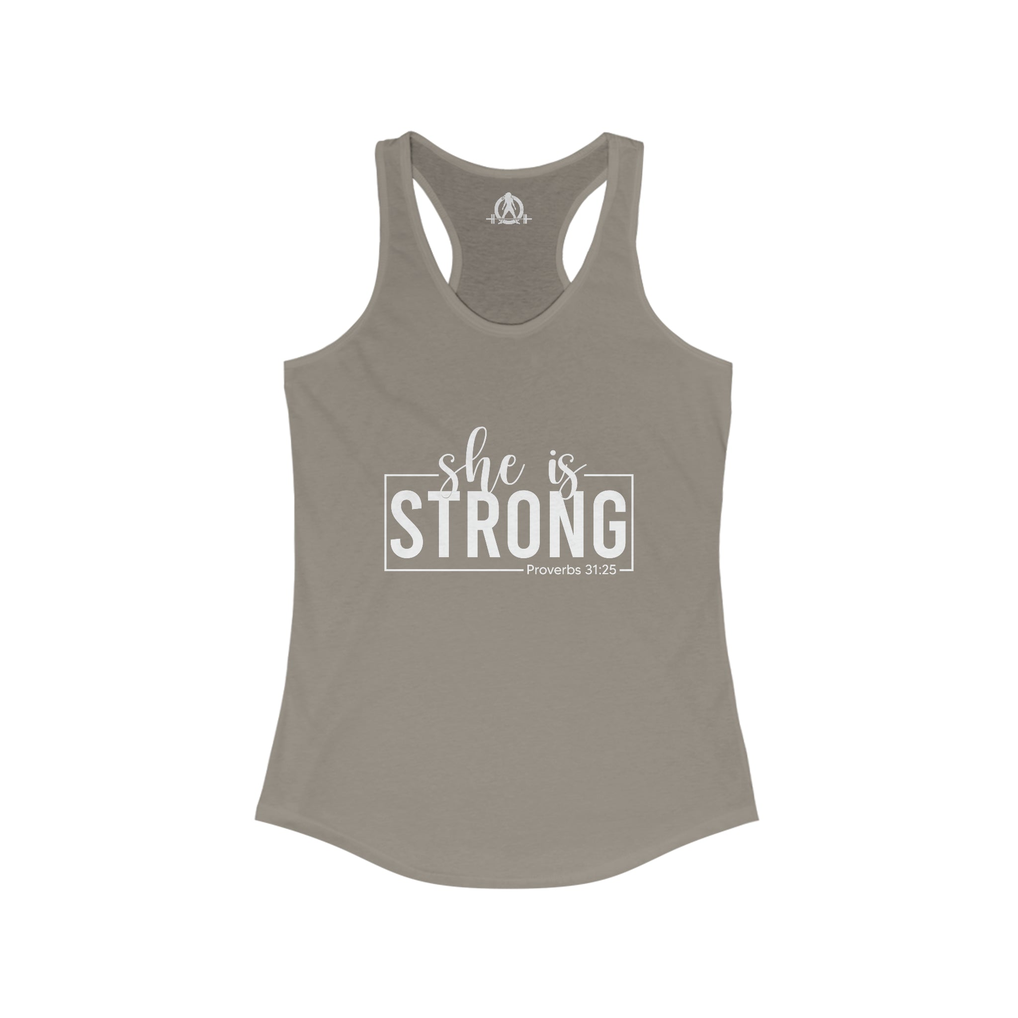 She is STRONG - Women's Ideal Racerback Tank - Front White Logo Plain Back