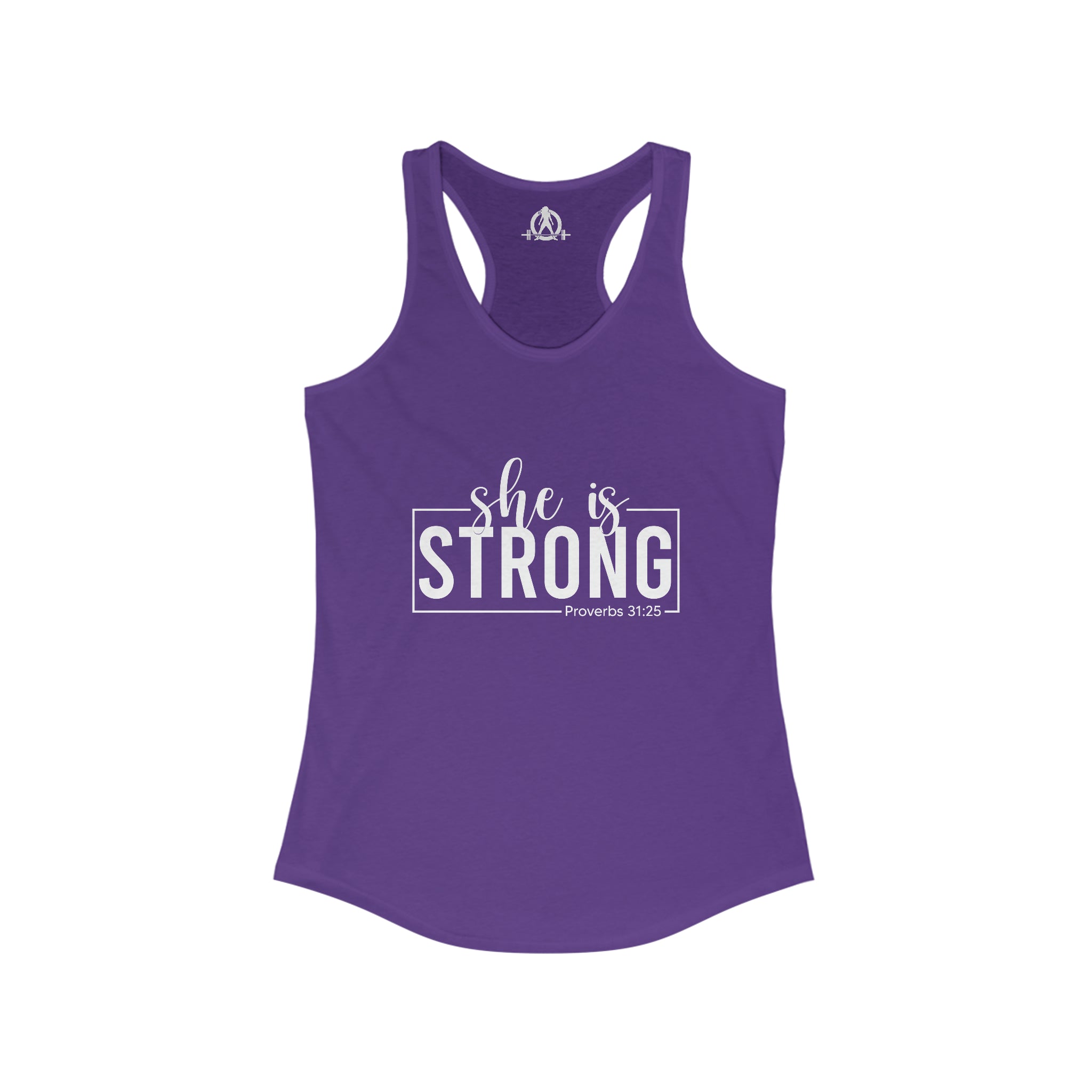 She is STRONG - Women's Ideal Racerback Tank - Front White Logo Plain Back