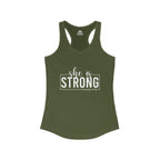 She is STRONG - Women's Ideal Racerback Tank - Front White Logo Plain Back