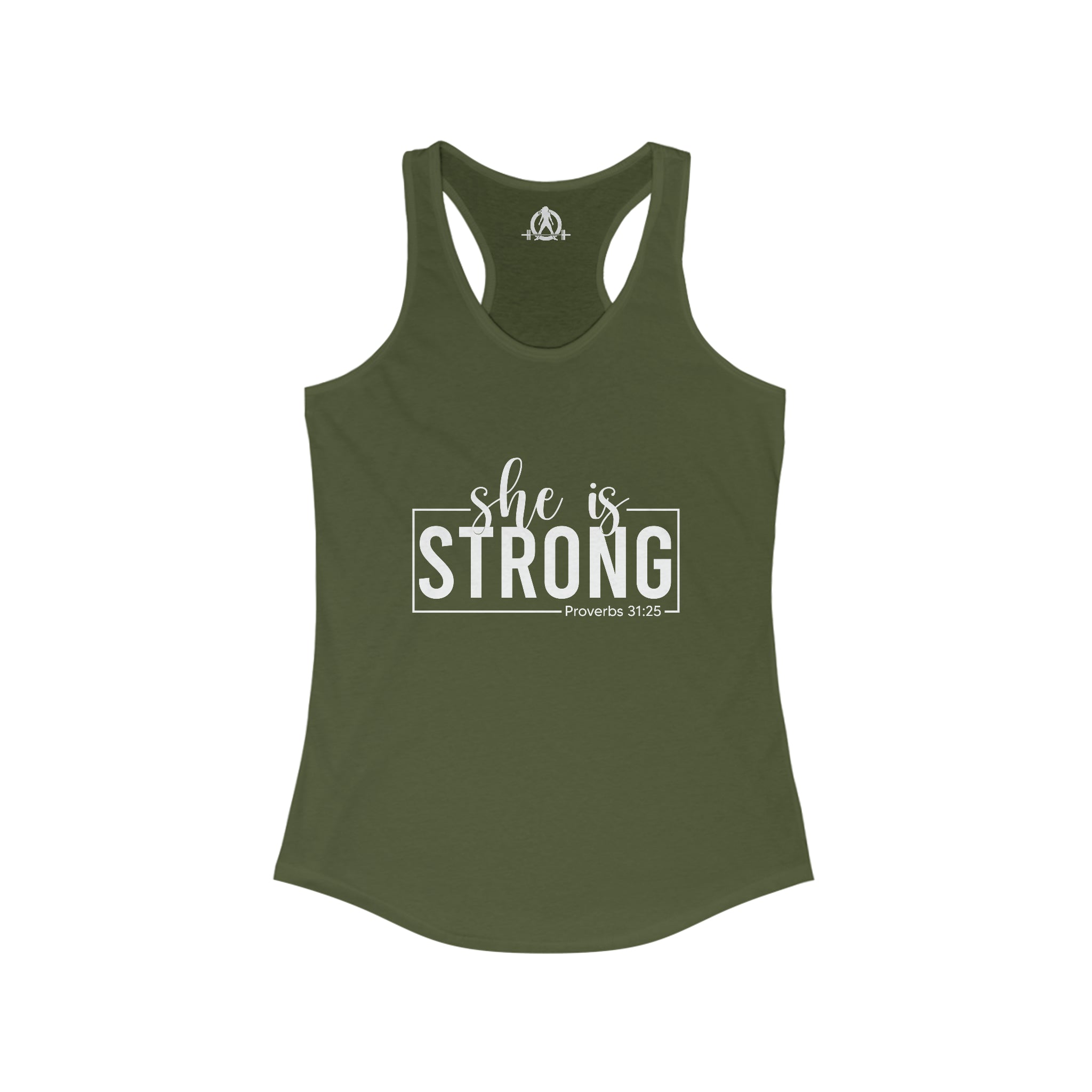 She is STRONG - Women's Ideal Racerback Tank - Front White Logo Plain Back