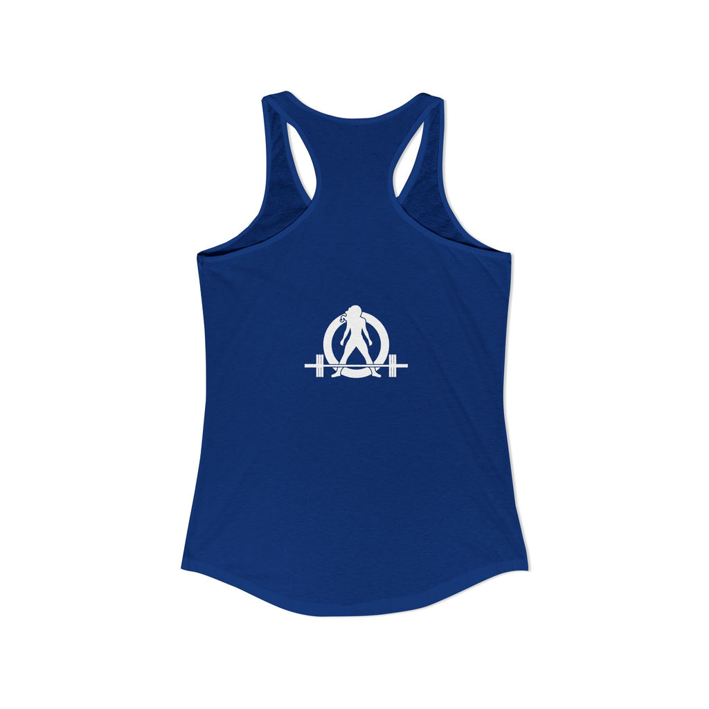 Strong Not Skinny - White Distressed Logo - Women's Ideal Racerback Tank - Front & Back Print