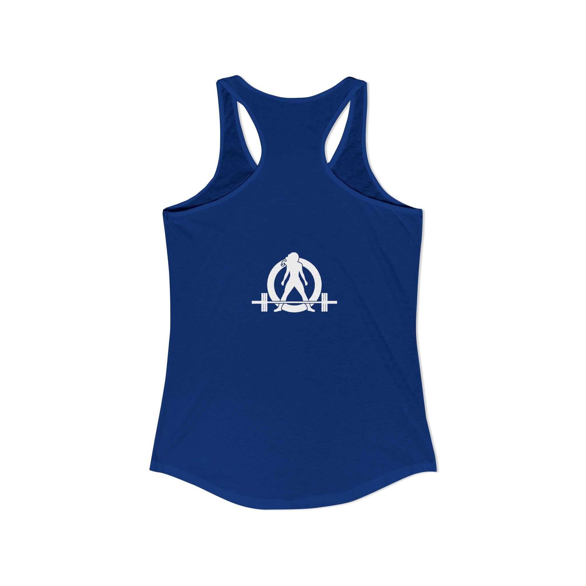 Strong Not Skinny - White Distressed Logo - Women's Ideal Racerback Tank - Front & Back Print