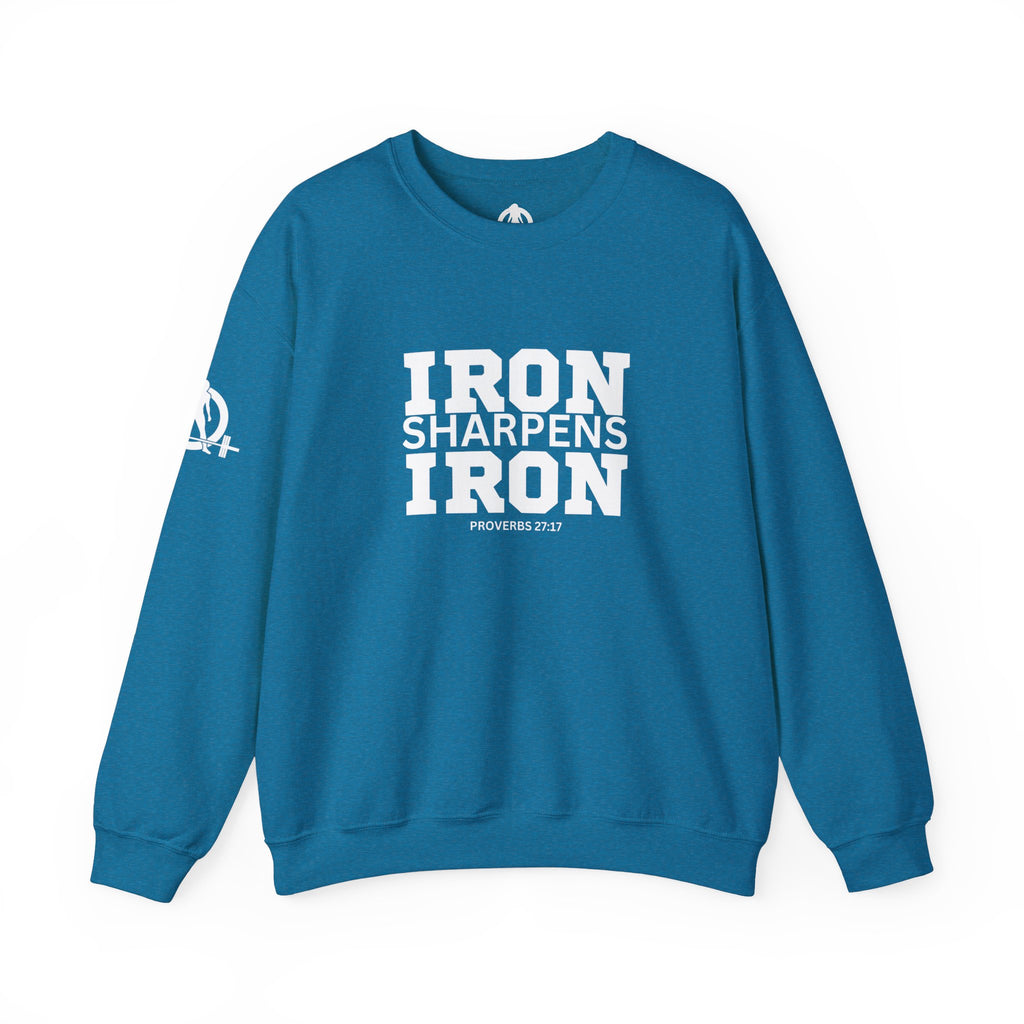 Iron Sharpens Iron - Unisex Heavy Blend™ Crewneck Sweatshirt - Front White Logo - Plain Back