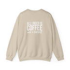 ALL I NEED IS COFFEE and a Barbell - Unisex Heavy Blend™ Crewneck Sweatshirt - Distressed Logo - Front & Back