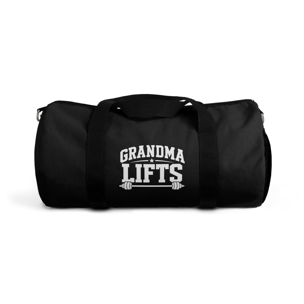 Grandma Lifts Gym Duffel Bag — Black & White Logo