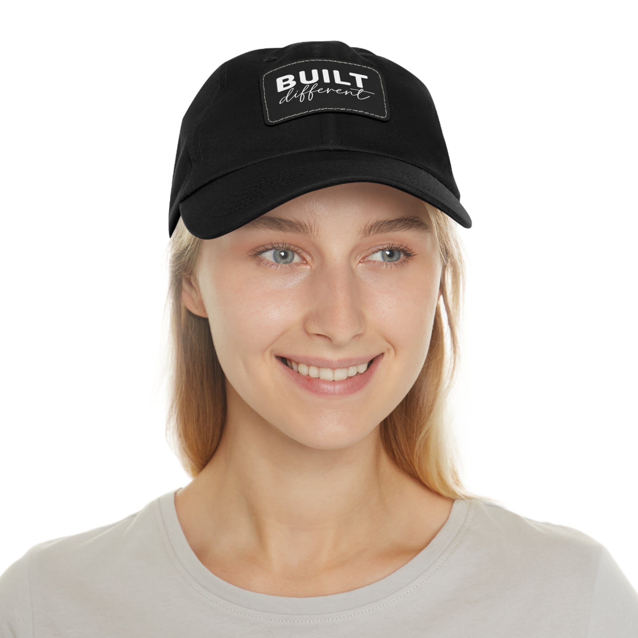 Built Different - Dad Hat with Leather Patch (Rectangle) - White Logo