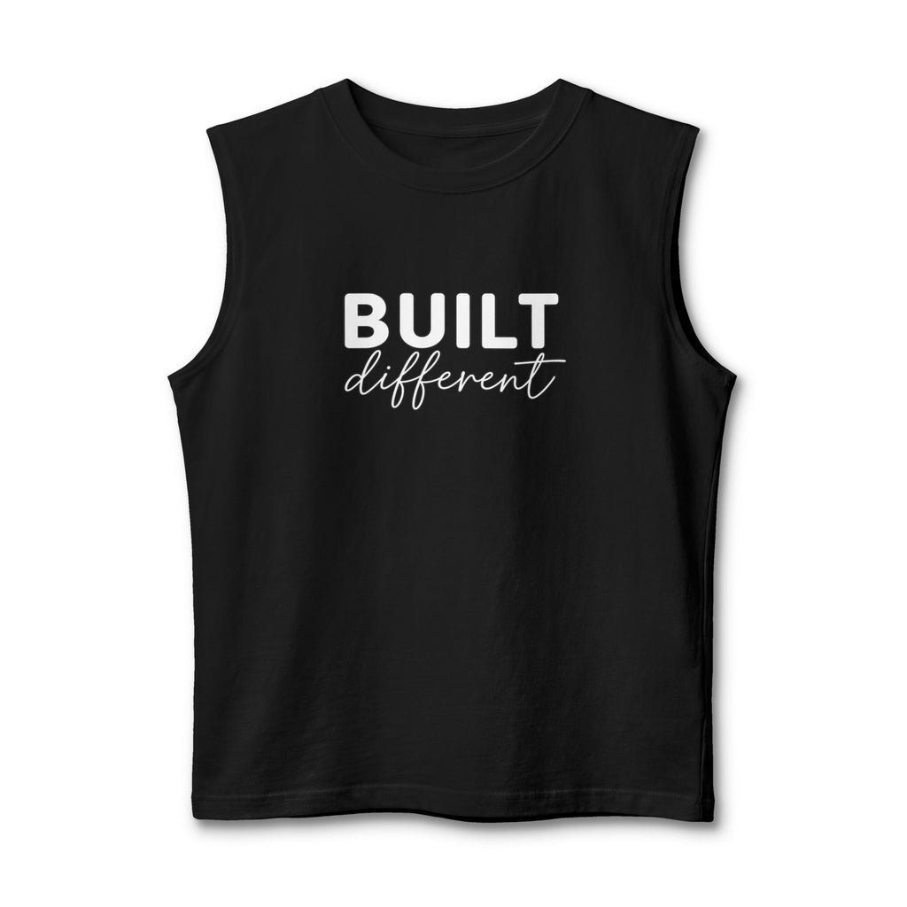 Built Different Muscle Tank — White Logo Front & Back