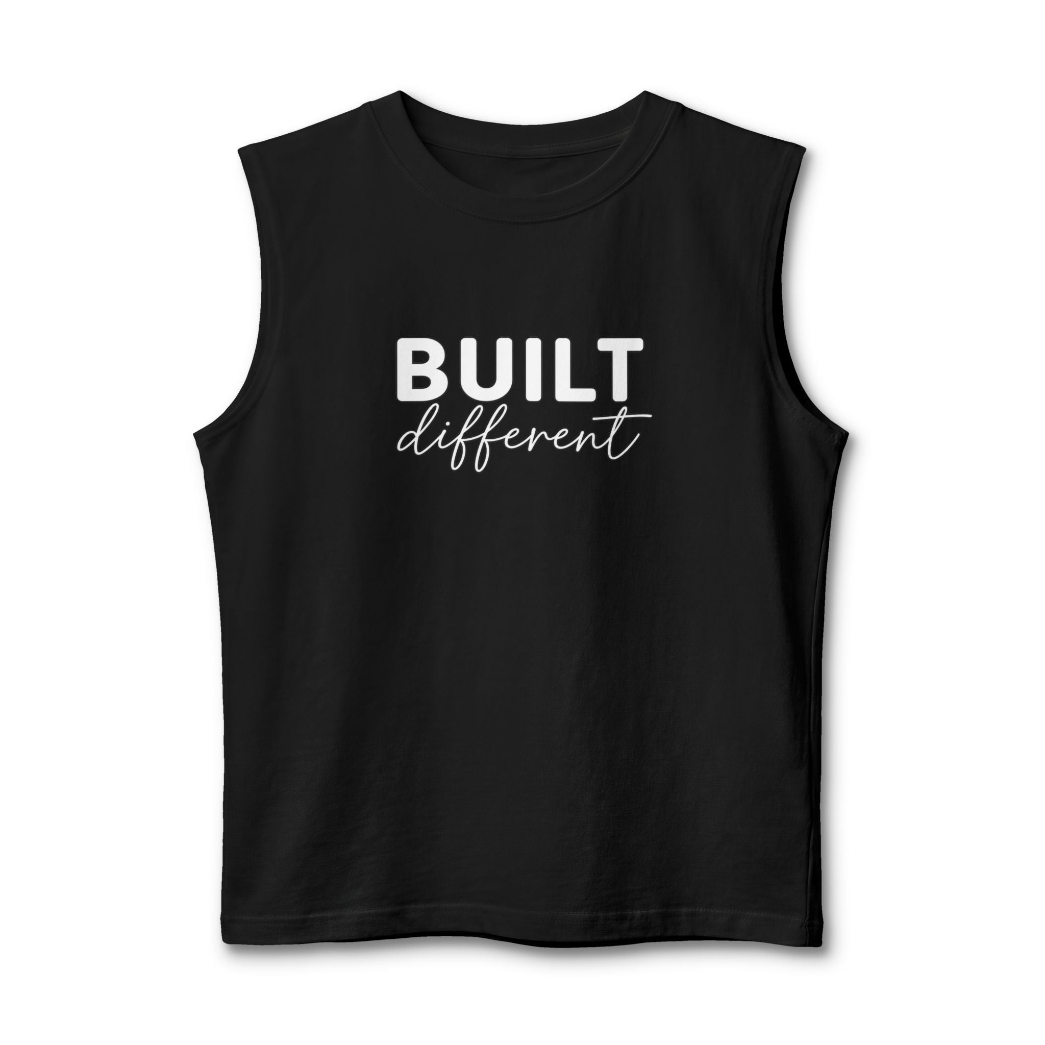 Built Different Muscle Tank — White Logo Front & Back