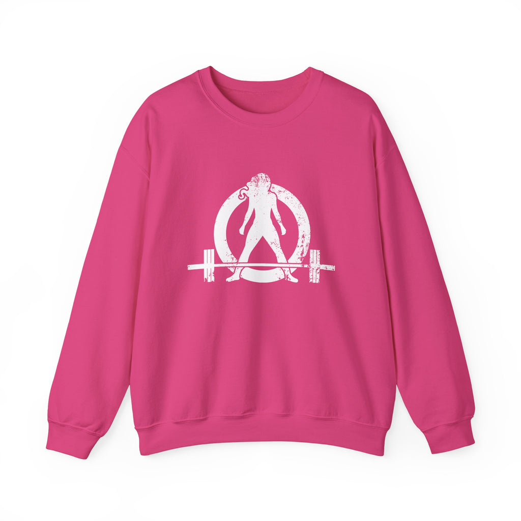 ALL I NEED IS COFFEE and a Barbell - Unisex Heavy Blend™ Crewneck Sweatshirt - Distressed Logo - Front & Back