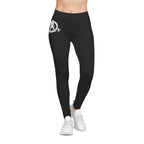 Black Women's Casual Leggings - Black and White Distressed Logo - Right Hip