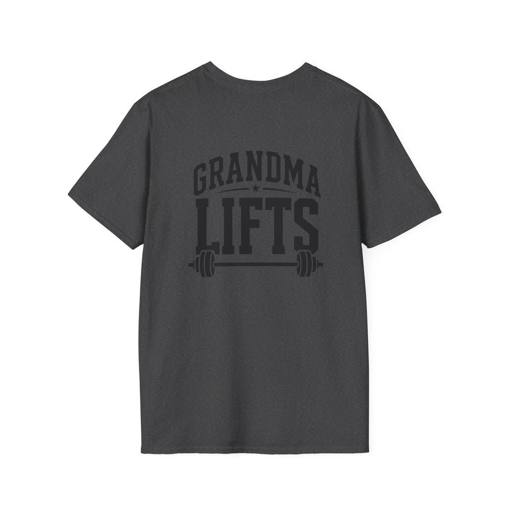 Grandma Lifts -  Unisex Softstyle T-Shirt — Front & Back Black Logo
