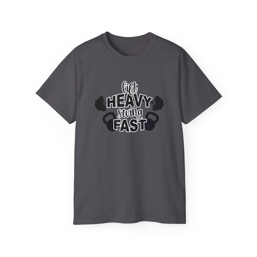 Lift Heavy Swing Fast - Unisex Ultra Cotton Tee - Black Logo Plain Back
