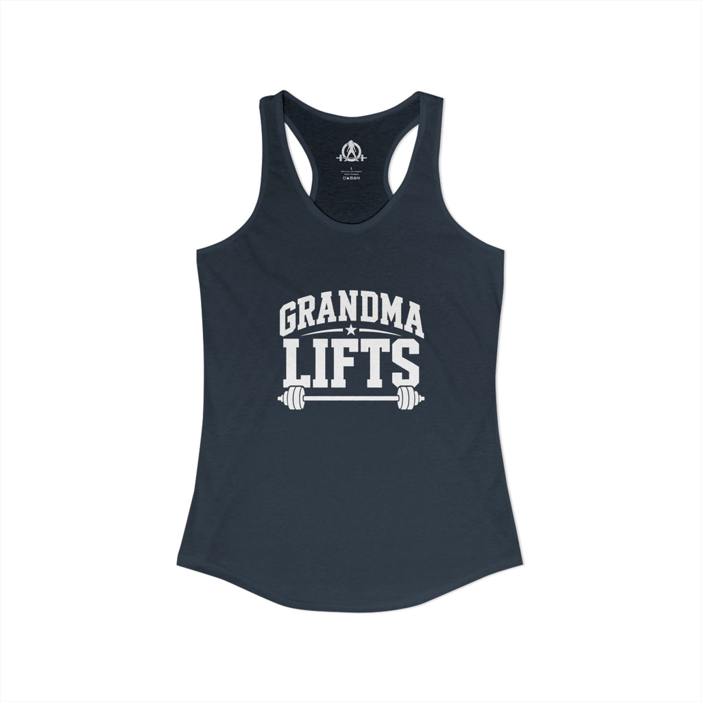 Grandma Lifts - Women's Ideal Racerback Tank - Black Logo Front Plain Back