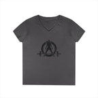 Ladies' V-Neck T-Shirt - Distressed Black Logo
