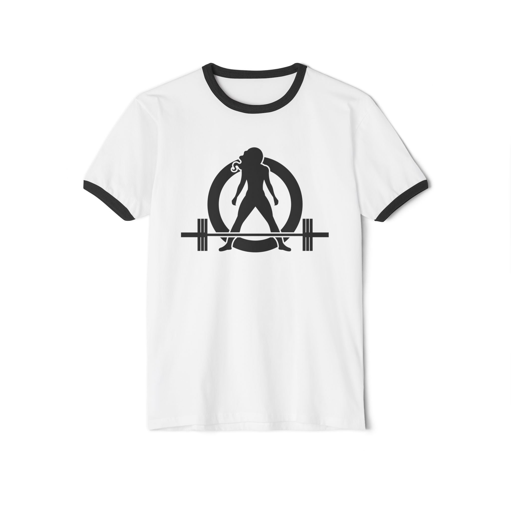 45 + 45 - Unisex Cotton Ringer T-Shirt - Black Logo Front & Back