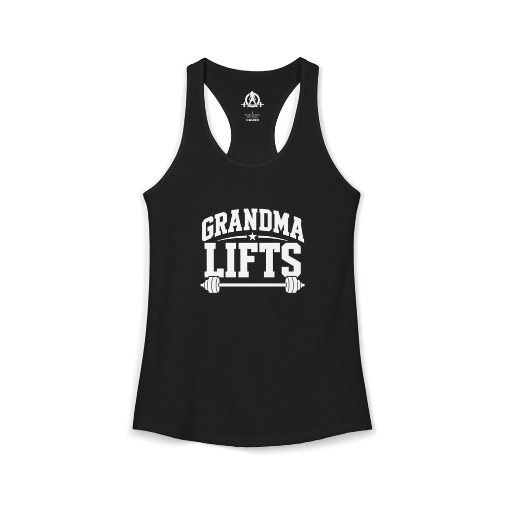 Grandma Lifts - Women's Ideal Racerback Tank - Black Logo Front Plain Back