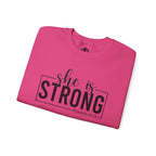 She is STRONG - Unisex Heavy Blend™ Crewneck Sweatshirt - Front Black Logo - Plain Back
