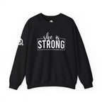 She is STRONG - Unisex Heavy Blend™ Crewneck Sweatshirt - Front White Logo - Plain Back
