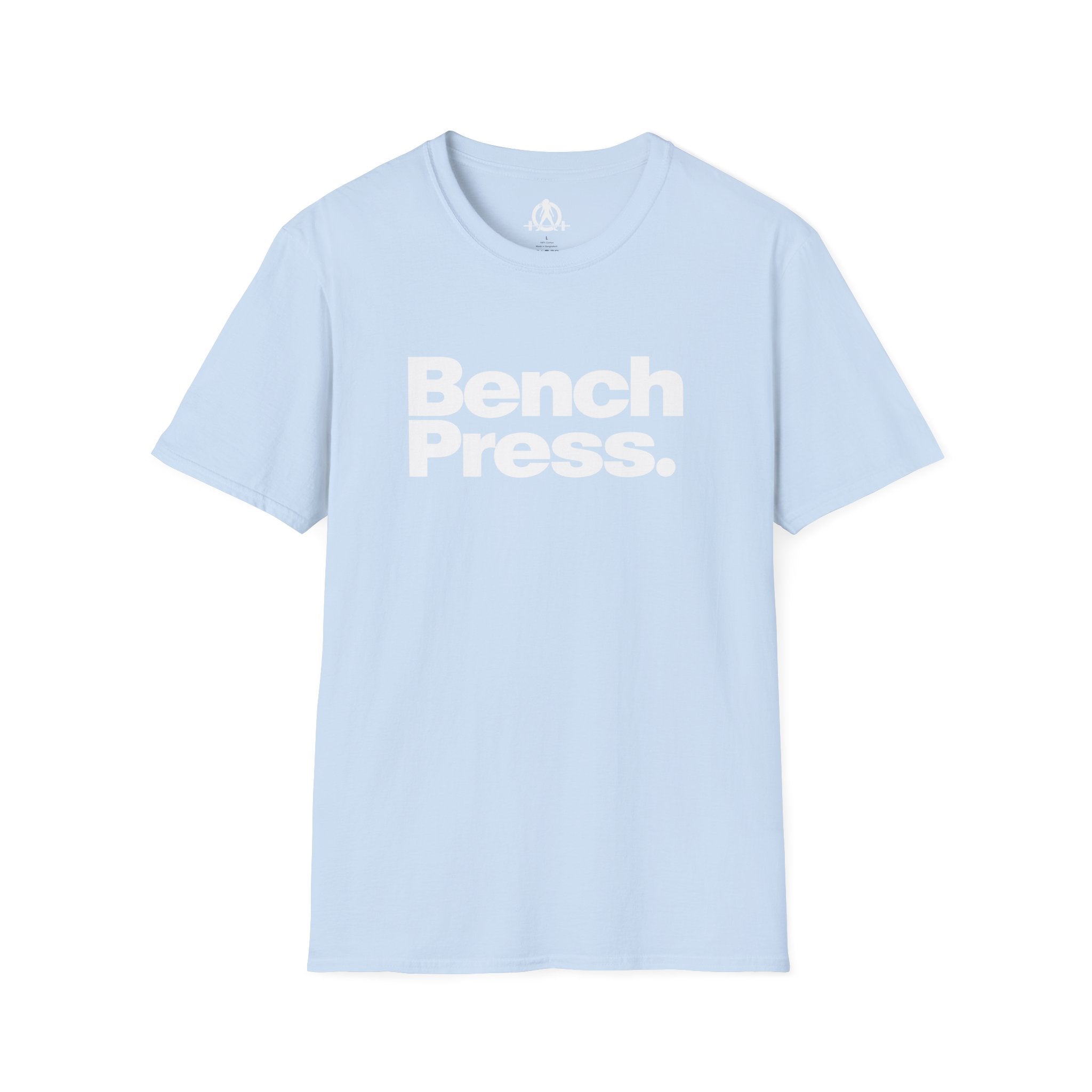 Bench Press -  Unisex Softstyle T-Shirt — White Logo Front & Back