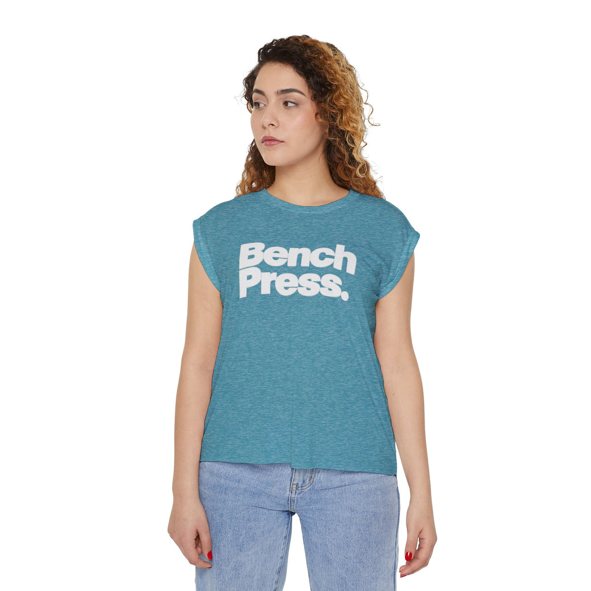 Bench. Press. Women’s Muscle Tee — Flowy Rolled Cuff Gym Top