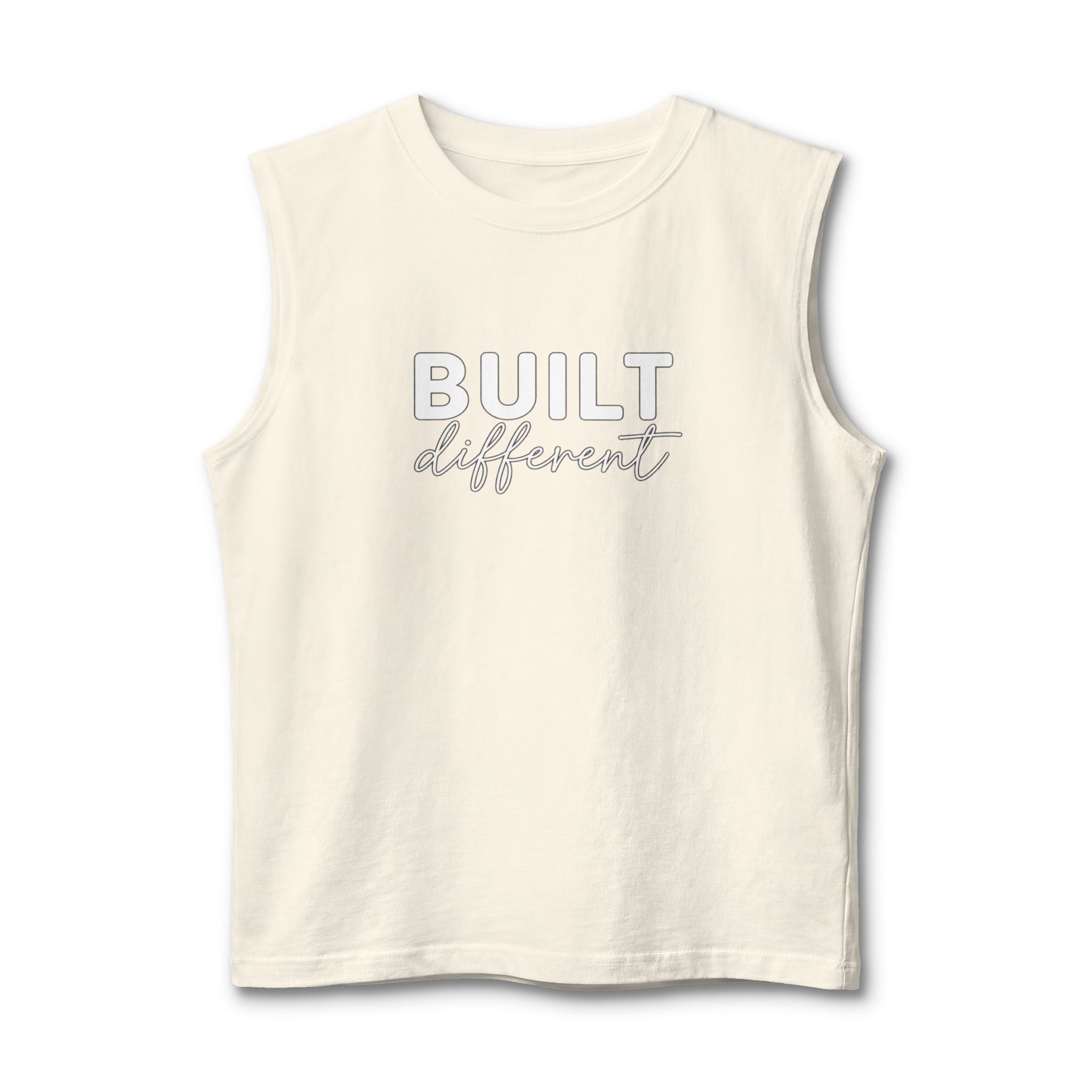 Built Different Muscle Tank — White Logo Front & Back