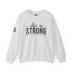 She is STRONG - Unisex Heavy Blend™ Crewneck Sweatshirt - Front Black Logo - Plain Back