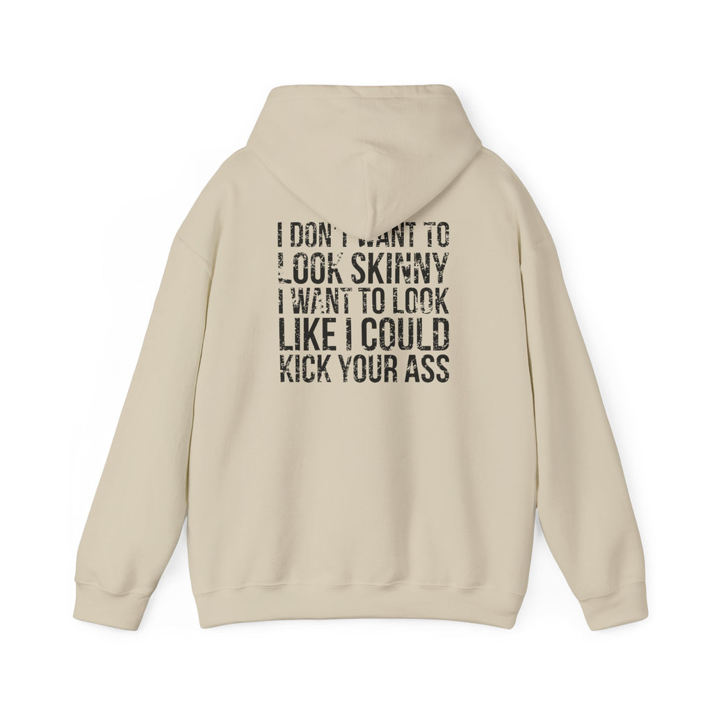 I DON’T WANT TO LOOK SKINNY – Unisex Heavy Blend™ Hooded Sweatshirt (Black Logo) 🤍💪🔥