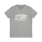 Lift Heavy Shit - Unisex Jersey Short Sleeve V-Neck Tee - White Logo Plain Back