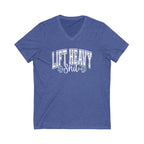 Lift Heavy Shit - Unisex Jersey Short Sleeve V-Neck Tee - White Logo Plain Back