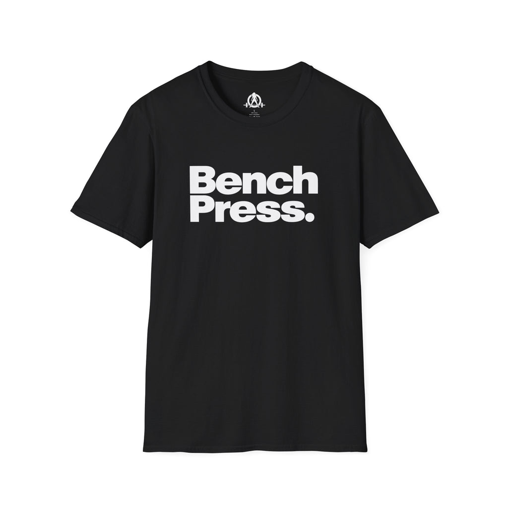 Bench Press -  Unisex Softstyle T-Shirt — White Logo Front & Back