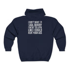 I DON’T WANT TO LOOK SKINNY I WANT TO LOOK LIKE I CAN KICK YOUR ASS – White Distressed Logo Unisex Heavy Blend™ Full Zip Hooded Sweatshirt
