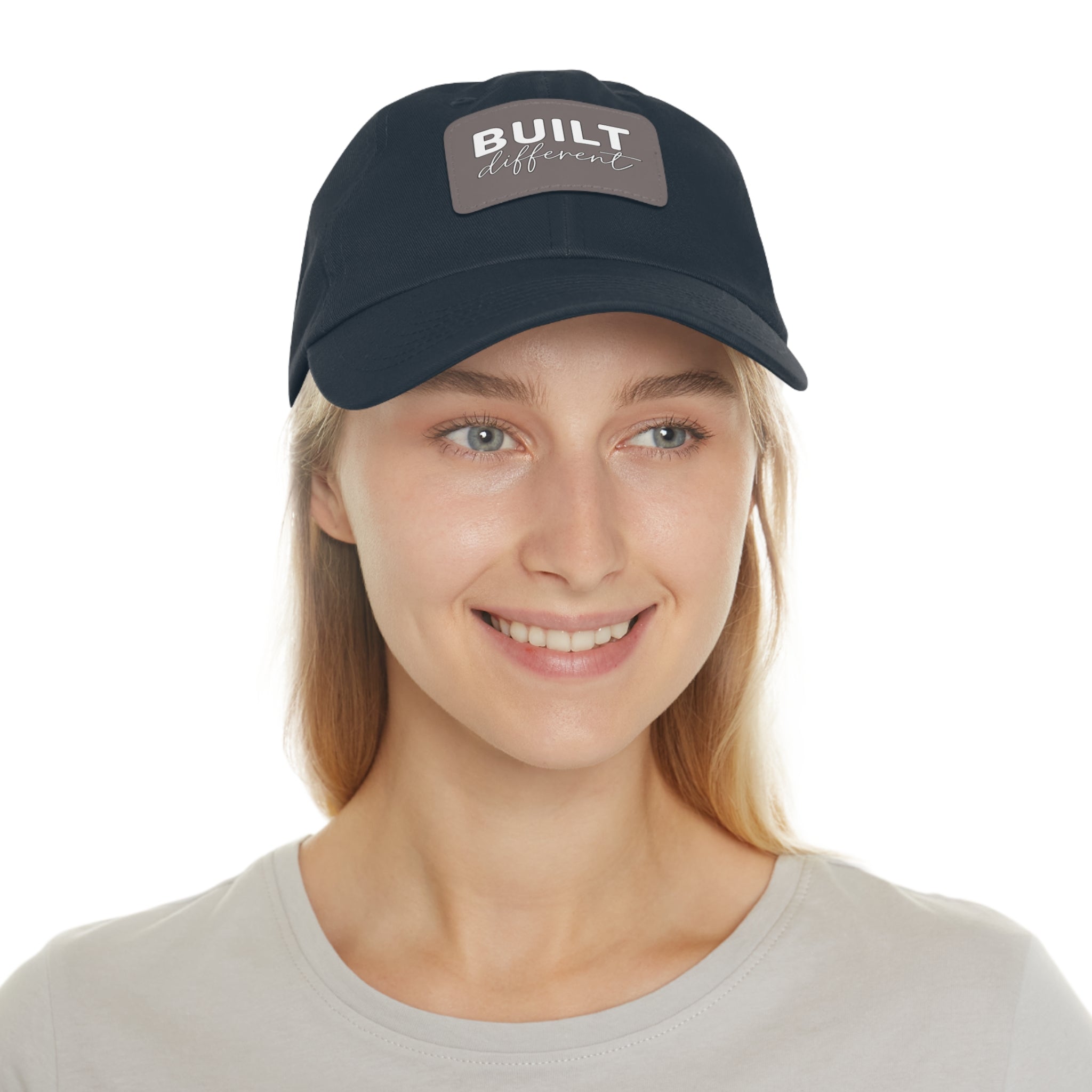 Built Different - Dad Hat with Leather Patch (Rectangle) - White Logo