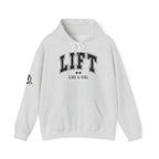 Lift Like.A Girl - Unisex Heavy Blend Hooded Sweatshirt - Black Logo on Front & Right Sleeve