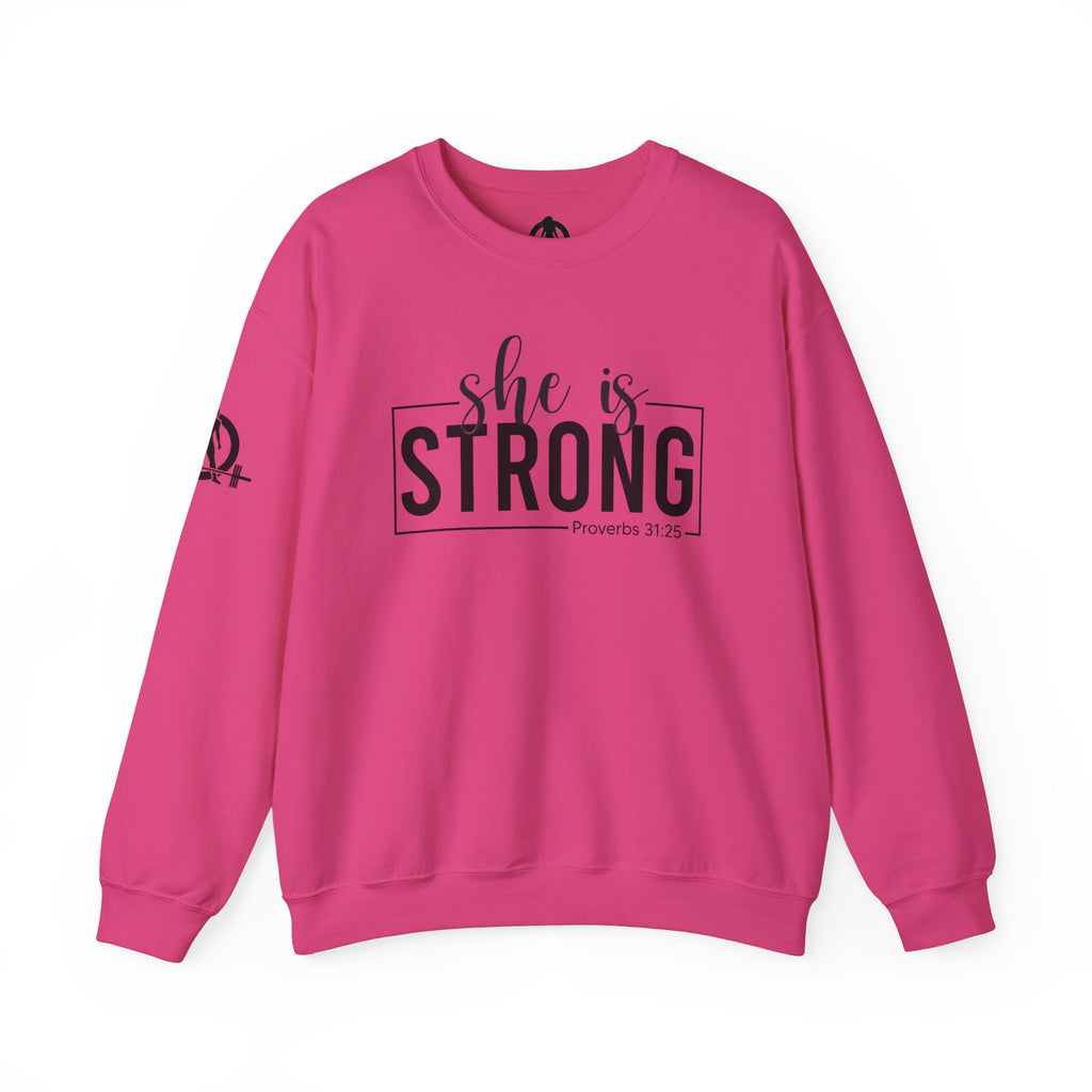 She is STRONG - Unisex Heavy Blend™ Crewneck Sweatshirt - Front Black Logo - Plain Back