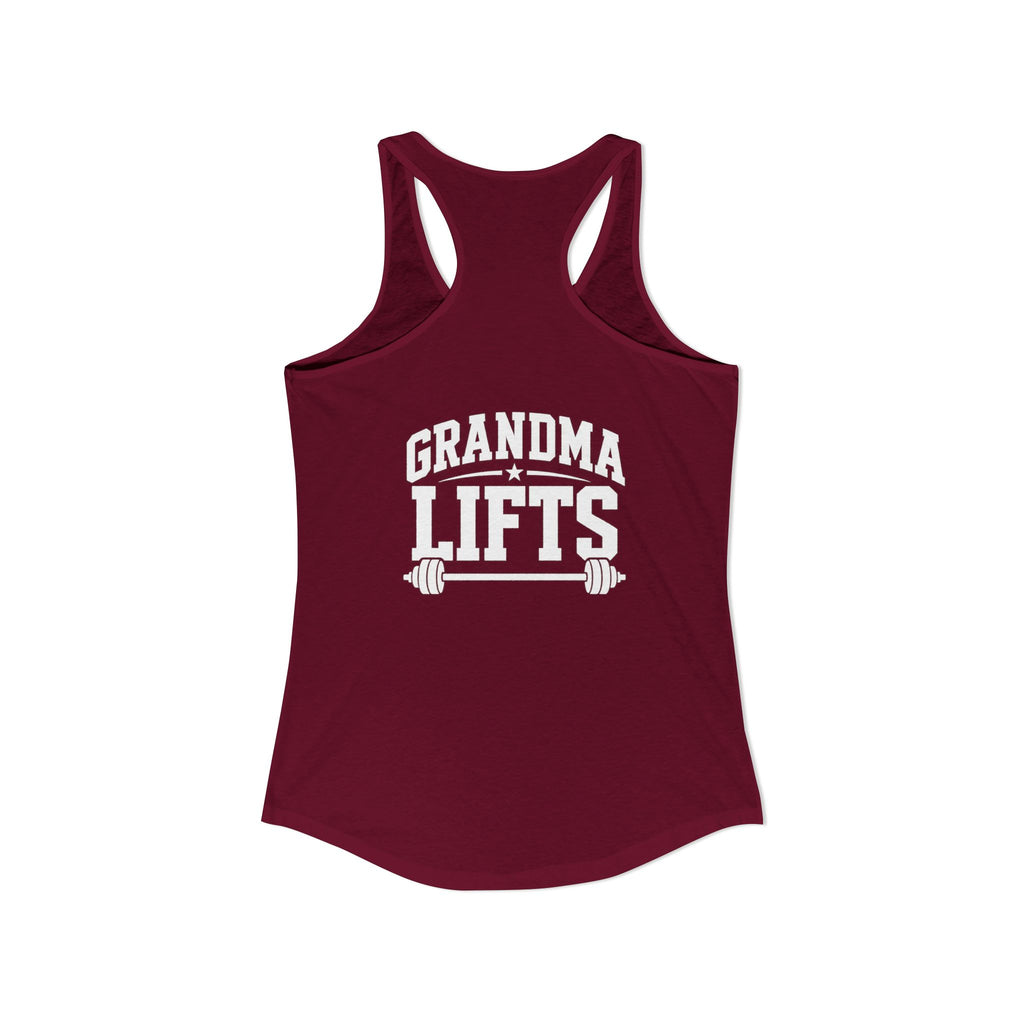 Grandma Lifts - Women's Ideal Racerback Tank - White Logo Front & Back