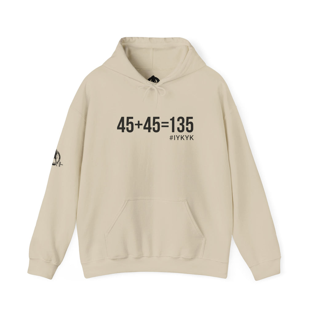 45 + 45 = 135 - Unisex Heavy Blend Hooded Sweatshirt  - Front Black & Shoulder Logo