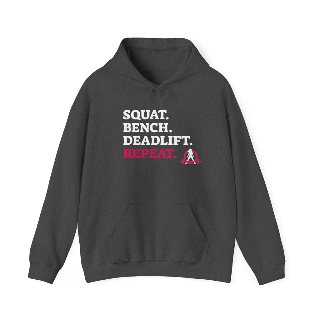 WWLW “Squat • Bench • Deadlift • Repeat” Hoodie - White Logo - Plain Back
