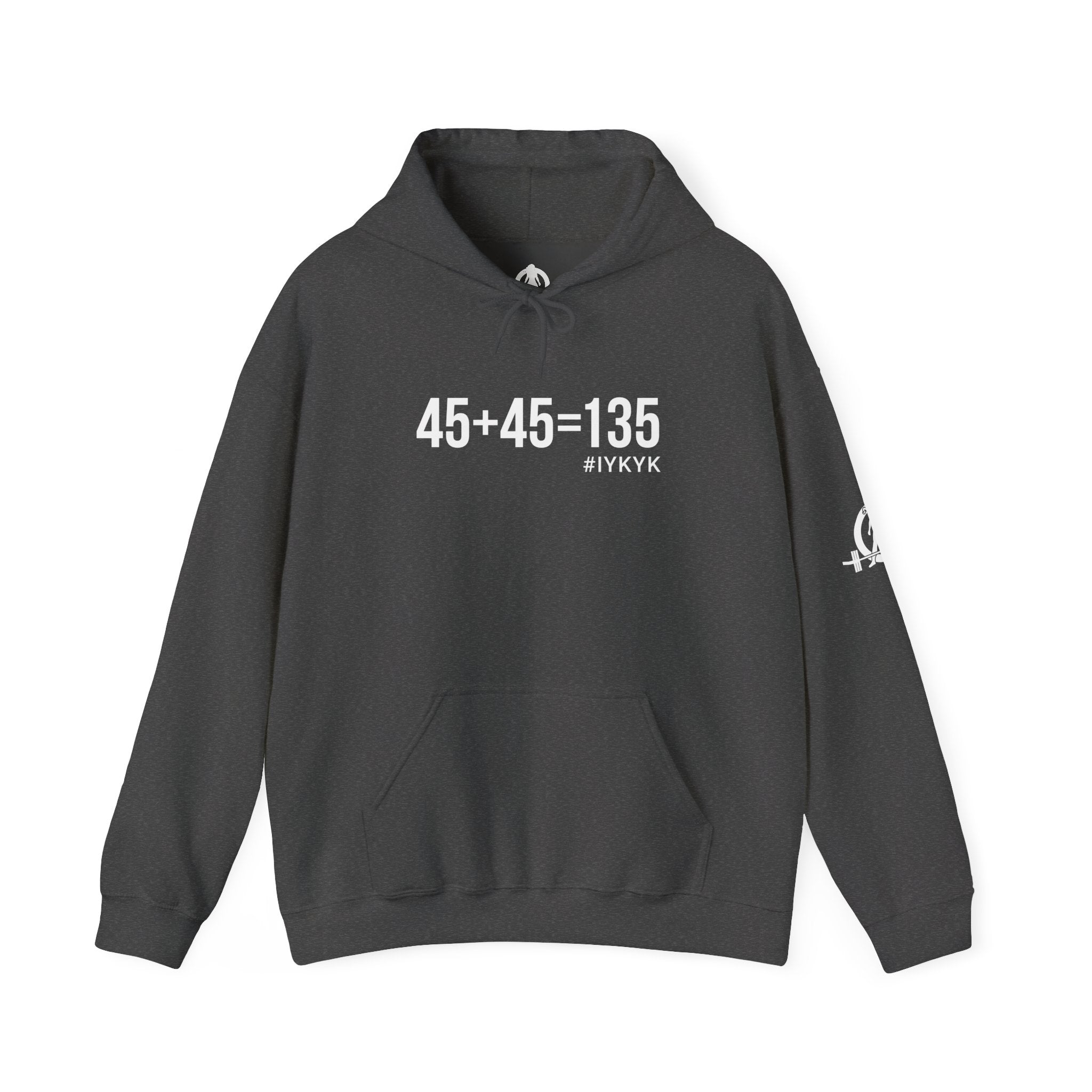 45 + 45 = 135  - Unisex Heavy Blend Hooded Sweatshirt  - White Logo Front & Arm - Plain Back