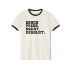 Bench Squat Deadlift  - Unisex Cotton Ringer T-Shirt - Black Classic Logo Front Plain Back