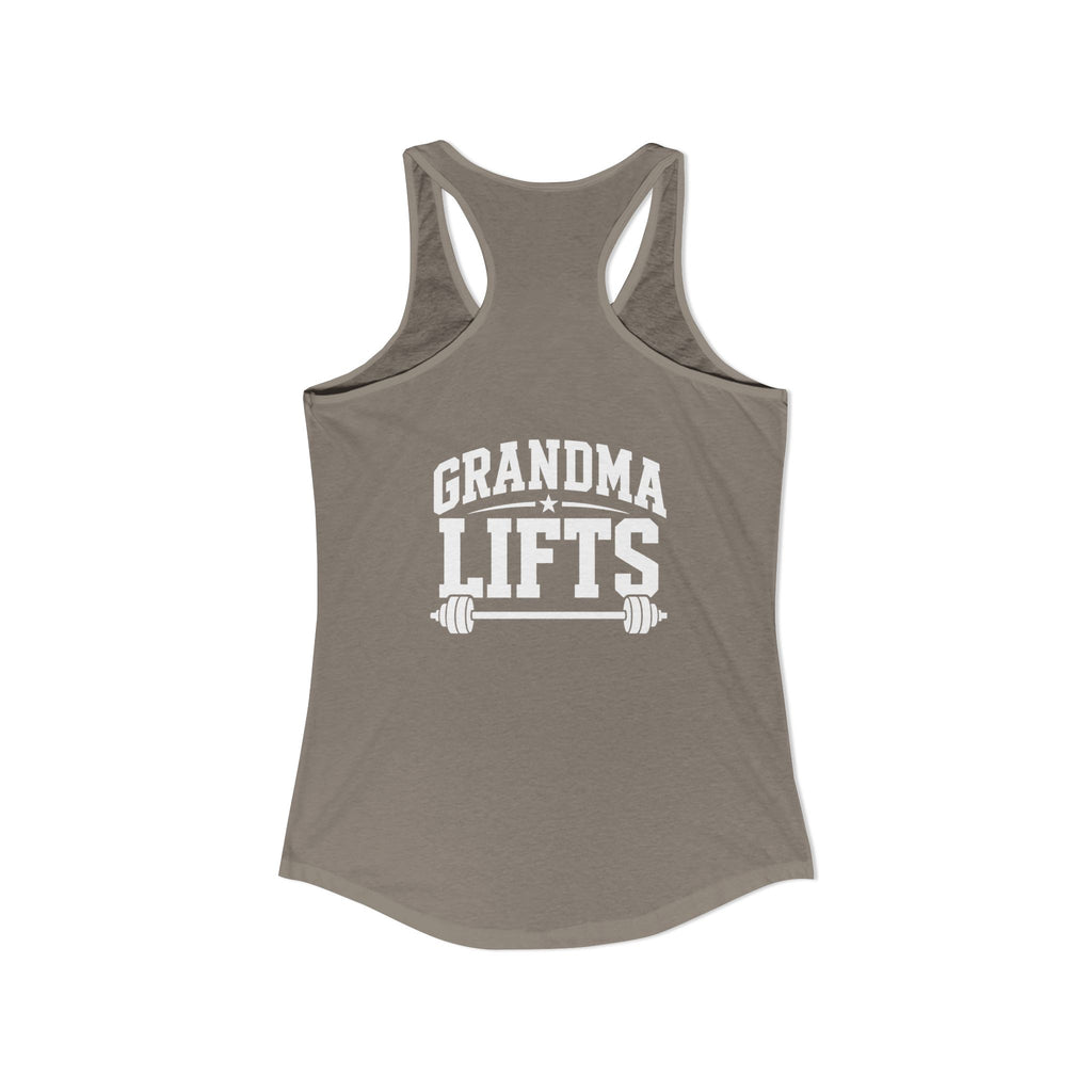 Grandma Lifts - Women's Ideal Racerback Tank - White Logo Front & Back