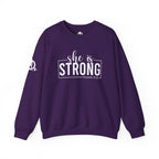 She is STRONG - Unisex Heavy Blend™ Crewneck Sweatshirt - Front White Logo - Plain Back