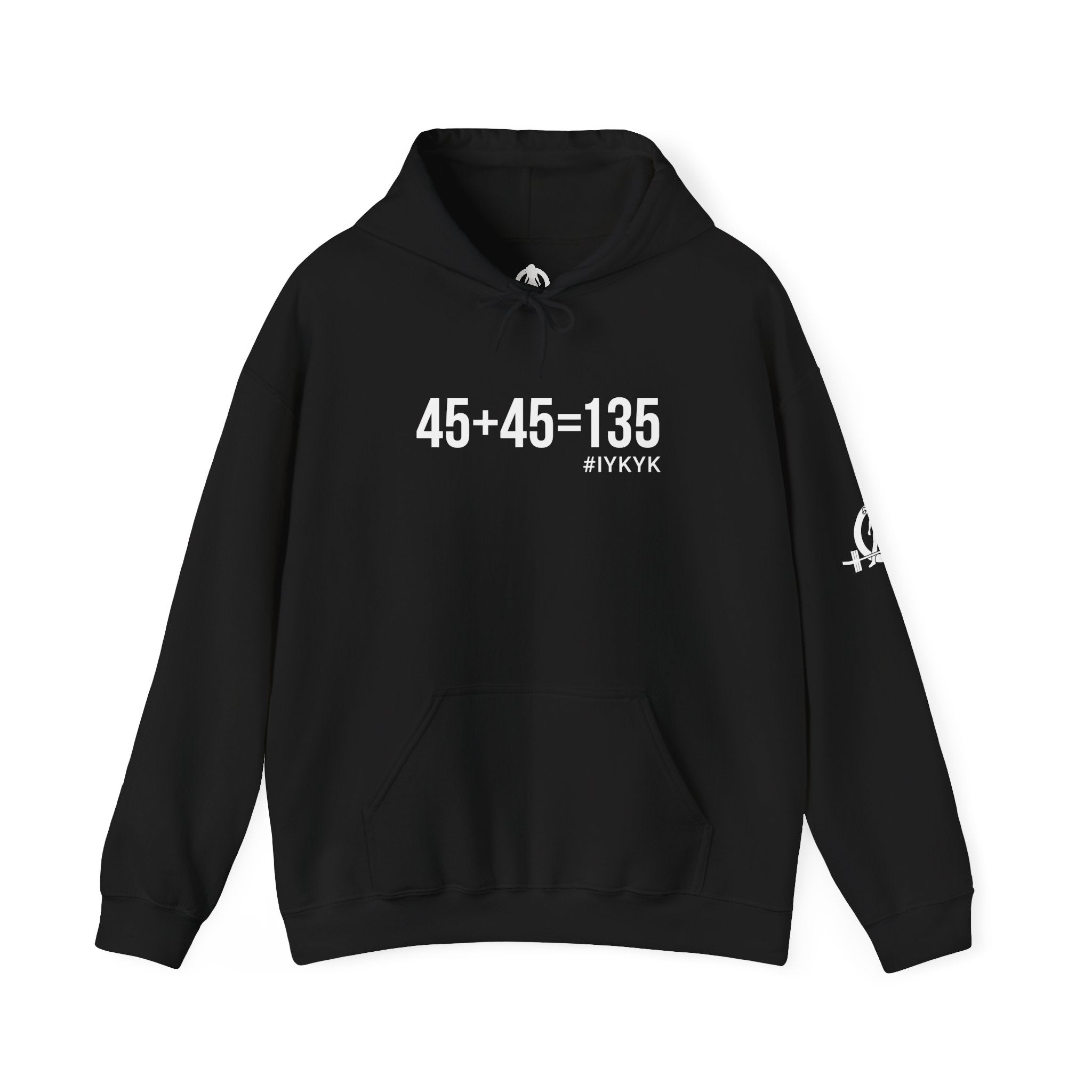 45 + 45 = 135  - Unisex Heavy Blend Hooded Sweatshirt  - White Logo Front & Arm - Plain Back
