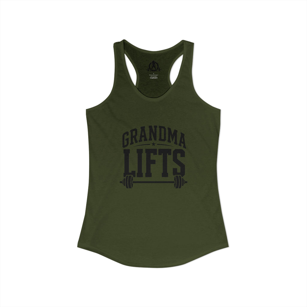 Grandma Lifts - Women's Ideal Racerback Tank - Black Logo Front Plain Back