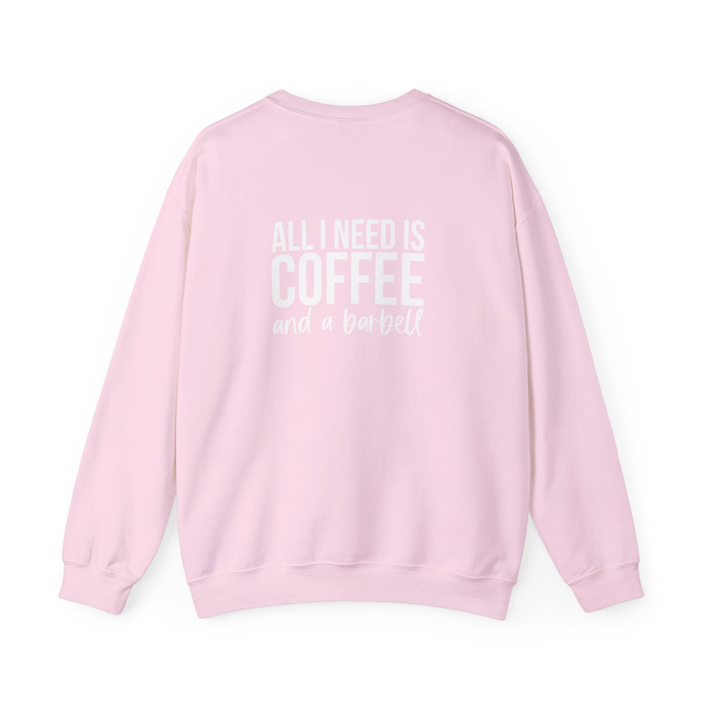 ALL I NEED IS COFFEE and a Barbell - Unisex Heavy Blend™ Crewneck Sweatshirt - Distressed Logo - Front & Back