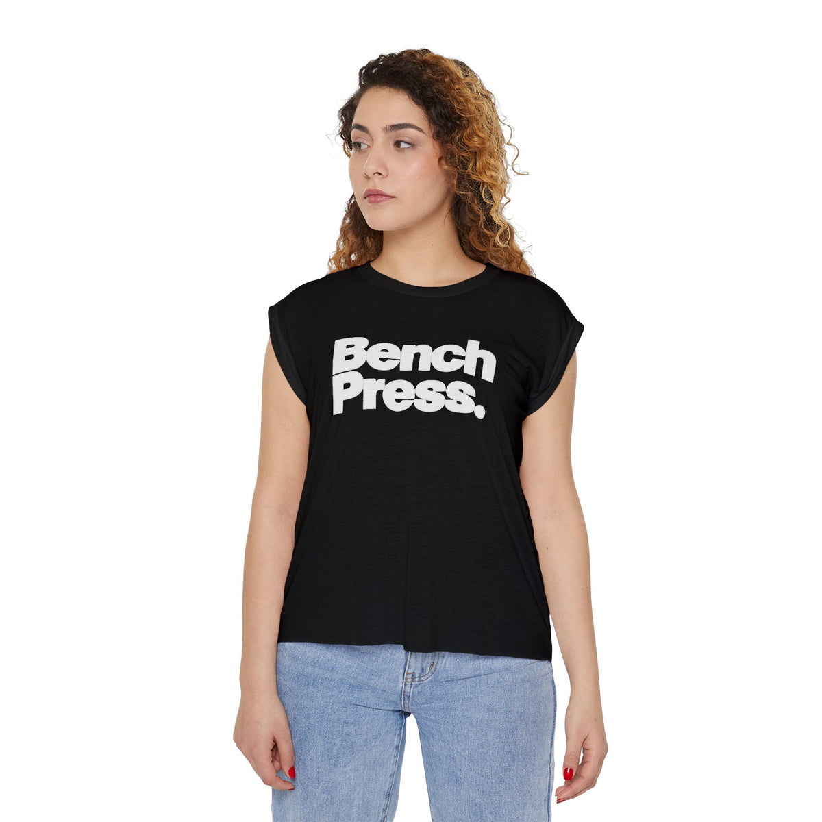 Bench. Press. Women’s Muscle Tee — Flowy Rolled Cuff Gym Top