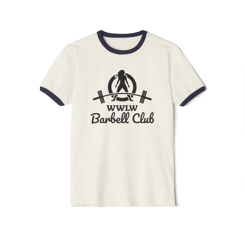 WWLW Barbell Club - Unisex Cotton Ringer T-Shirt - Black Logo Plain Back