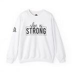 She is STRONG - Unisex Heavy Blend™ Crewneck Sweatshirt - Front Black Logo - Plain Back